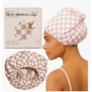 NWT Kitsch Flexi Shower Cap Satin-Lined Pink Checkers